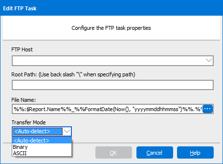 The edit F T P task dialog. From here, choose the F T P host, root path, and file name. Use the drop-down at the bottom to select the transfer mode from the following options: auto-detect, binary, or a s c i i.